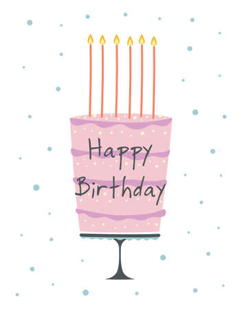 happy birthday card with cake, candles and lettering text, vector illustrationのイラスト素材