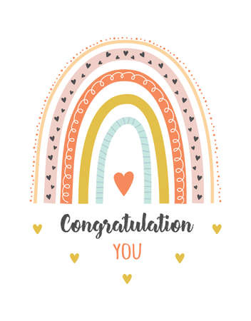 greeting card with rainbow and lettering congratulation you isolated on white background, vector illustration in cartoon scandinavian styleのイラスト素材