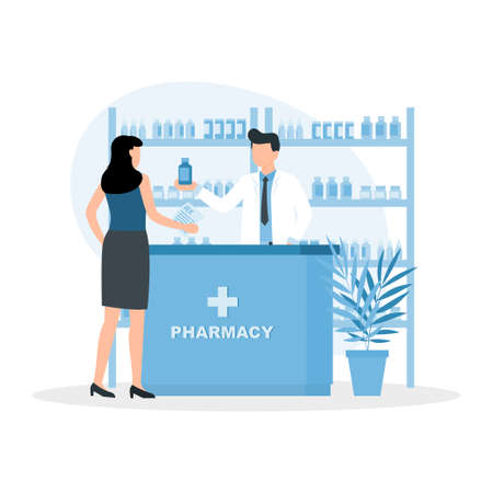 Pharmacist doctor and patient in the drugstore. Woman buys drugs at a pharmacy. Client and druggist at pharmaceutical shop. Vector illustration.のイラスト素材