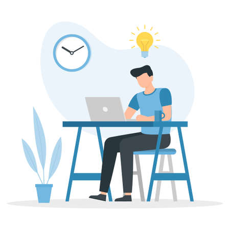 Remote work. A man working behind a laptop comes to a good idea. New creative idea. Problem solution metaphor. Vector illustrationのイラスト素材