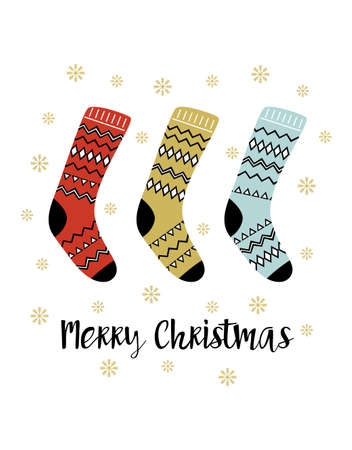holiday merry christmas card with socks and lettering isolated on white background, vector illustration, flat scandinavian styleのイラスト素材