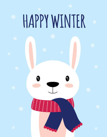 cute rabbit winter card isolated on blue christmas bunny face background, vector illustrationのイラスト素材