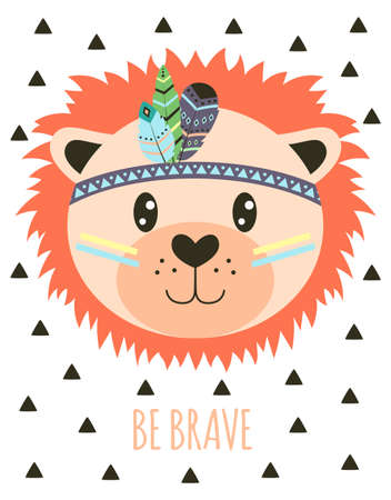 cute card with indian lion with feathers and text be brave, tribal cartoon animal, vector illustration, simple flat designのイラスト素材
