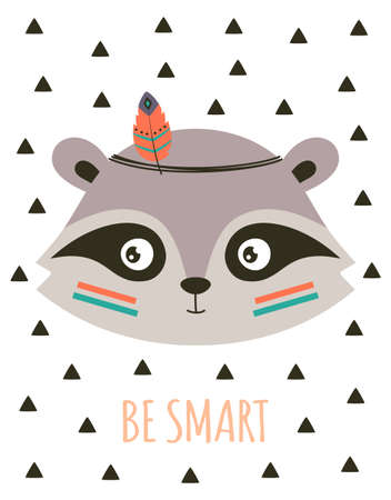 cute cartoon tribal raccoon with headband and feathers, lettering be smart isolated on white background, vector illustrationのイラスト素材