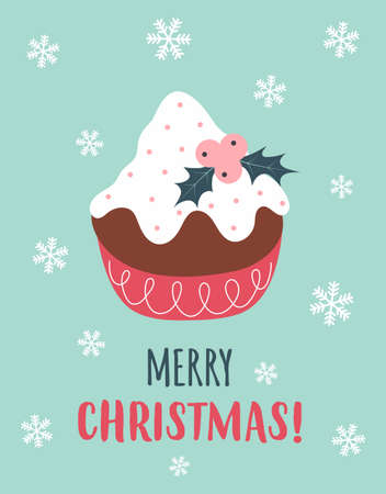 greeting card, creative poster for winter holidays with christmas pudding, vector cartoon illustration, xmas designのイラスト素材