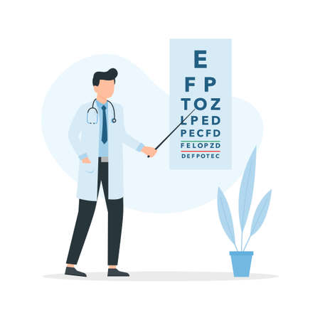 Ophthalmologist doctor near eye chart. Ophthalmology medical concept, eye examination. Vector illustration.のイラスト素材