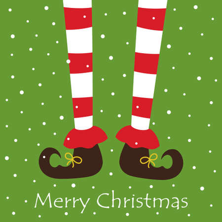 cute greeting card, cartoon legs in boots of elf and lettering merry christmas isolated on white snow backgroundのイラスト素材