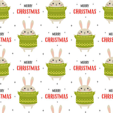 colorful background with rabbit in sweater and lettering merry christmas, happy new year vector illustration, seamless pattern with animals, winter timeのイラスト素材