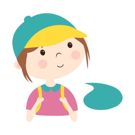 vector illustration of cute little girl in cap with backpack and bubble speech isolated on white background, cheerful dreamy childのイラスト素材