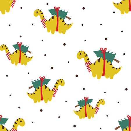 merry christmas and happy new year vector print with cute dinosaur and christmas tree, vector illustration, simple flat designのイラスト素材