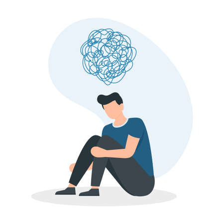 Young man in a state of depression, confused situation. Nervous breakdown. Depression and frustration concept. Vector illustration.のイラスト素材