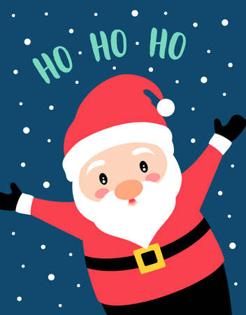 christmas banner with funny cartoon santa claus and lettering ho ho ho isolated on blue background, red santa hat and beard, great for christmas and new year design, vector illustrationのイラスト素材