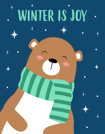 cartoon christmas illustration with cute bear and lettering winter is joy isolated on snow background, greeting winter card with funny animal, vector flat designのイラスト素材