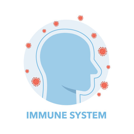 Immune system of human body. Man portrait with immune system shield activated from infections and harmful bacteria. Vector illustration isolated on white background.のイラスト素材