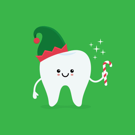 Christmas tooth characters in elf costume. Happy New Year or xmas. Funny dental care concept. Vector illustration.のイラスト素材