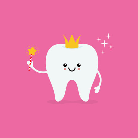 Cute tooth fairy wearing crown and holding a star magic wand. Vector illustration isolated on pink background.のイラスト素材