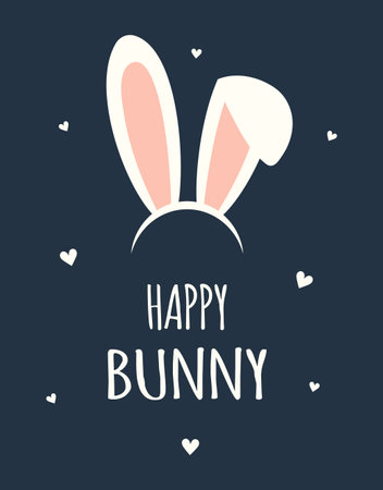 sweet easter bunny ears headband accessory isolated on dark blue background, greeting card in cartoon flat style, happy easter banner, vector illustration for party invitationのイラスト素材