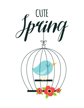 greeting card with bird in cage and text cute spring isolated on white background, vector illustrationのイラスト素材