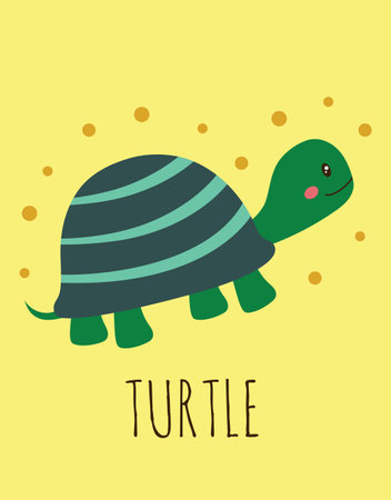 colored cute baby turtle isolated on yellow background, vector illustration, sea animalのイラスト素材