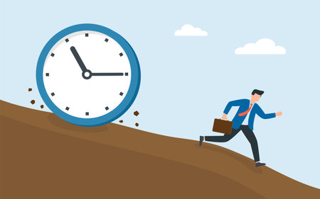 Businessman running away from a clock or time that is rolling huge clock down hill. Run out of time, work deadline. Vector illustration.のイラスト素材