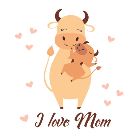 greeting card with cows, beautiful animal concept wallpaper for mothers day celebration, vector illustrationのイラスト素材