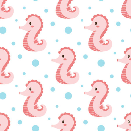 vector seamless pattern with cute sea horse on white background, flat designのイラスト素材