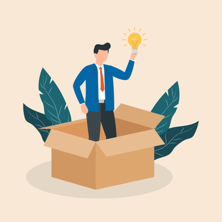 Thinking out of the box concept. Man standing in box and holding glowing lightbulb. Concept of creative thinking, innovative idea generation. Vector illustrationのイラスト素材