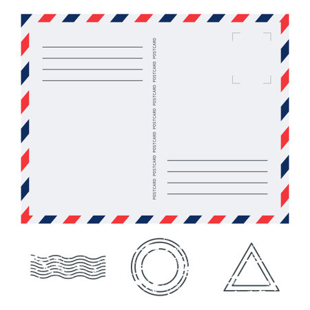 Postcard in air mail style with paper texture and rubber stamps on white background. Blank airmail mockup template. Vector illustration.のイラスト素材
