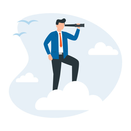 Businessman standing on the cloud with a telescope looking for success, goal achievement, leadership or career opportunity. Vector illustration.のイラスト素材