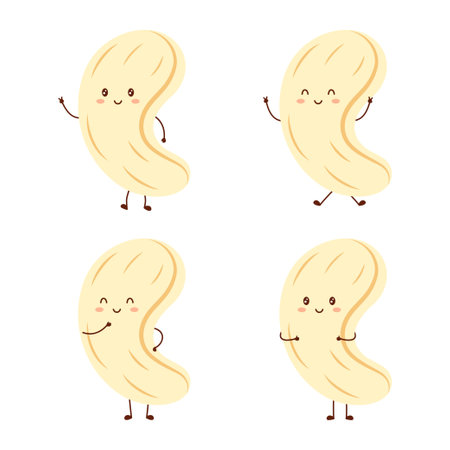 set of cute nuts characters with hands and eyes, cartoon fruit or vegetable, useful vegan food, cashew isolated on white backgroundのイラスト素材