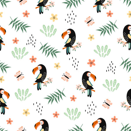 vector seamless pattern, toucan bird, buterflies, flowers and exotic leavesのイラスト素材