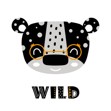 vector illustration with leopard in glasses and text wild isolated on white background, scandinavian styleのイラスト素材