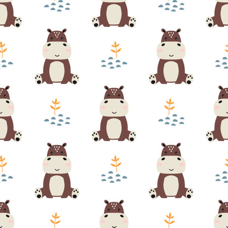 vector color childish seamless pattern with hippos and plants in scandinavian style on white background, cute baby animals, print for kids with animalsのイラスト素材