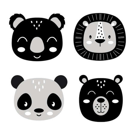 cute simple animal portraits with koala, bear, panda, lion isolated on white background, great for designing baby clothes, scandinavian styleのイラスト素材
