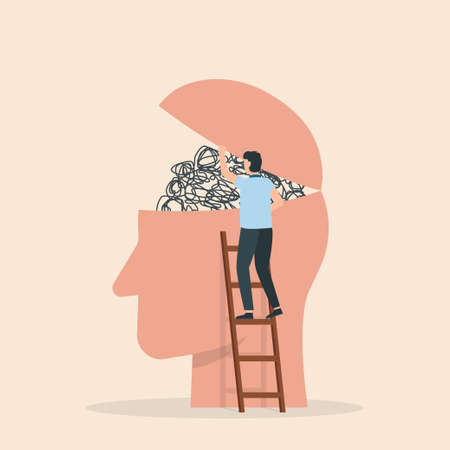 Mental health medical treatment. Humans head silhouette with messy lines of thinks. Mental disorder icon. Vector illustration.のイラスト素材