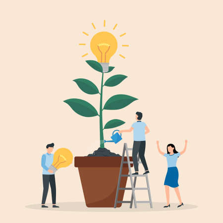 People working together to achieve goal. Business team watering growing tree with lightbulb. Flat vector illustration.のイラスト素材