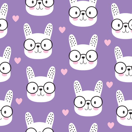 childish seamless pattern with cute bunny faces on purple, creative vector childish background for fabric, textile, scandinavian styleのイラスト素材