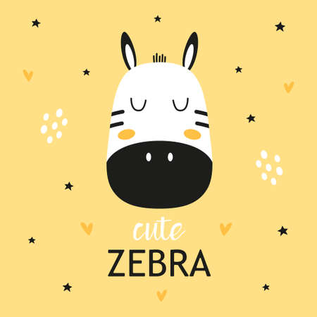 childish poster with cute cartoon zebra and lettering, decor elements, colorful flat style vector illustration for kidsのイラスト素材