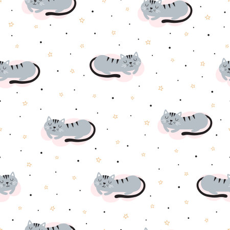 cat seamless pattern isolated on white background, cartoon cat on pink clouds sleeping near stars, vector illustrationのイラスト素材