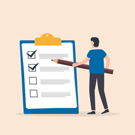 Businessman and checklist. Man holding pencil while looking at a completed checklist on a clipboard. Goal achievements planning schedule concept. Vector illustrationのイラスト素材