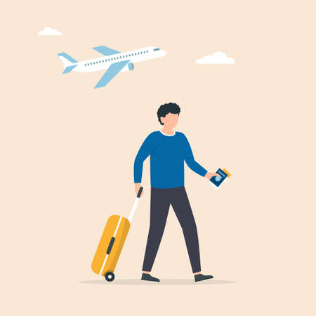 Traveler walking with suitcase and flight ticket in airport. Tourist man going on boarding to plane. Vector illustrationのイラスト素材