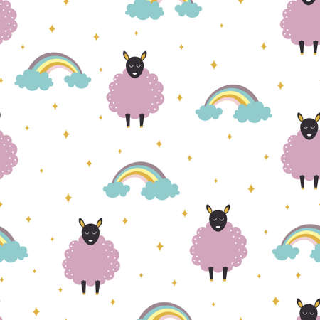 seamless pattern with cute sleeping sheep, rainbow and stars, creative good night background, perfect for kids apparel, fabric, textile, paper, vector illustrationのイラスト素材