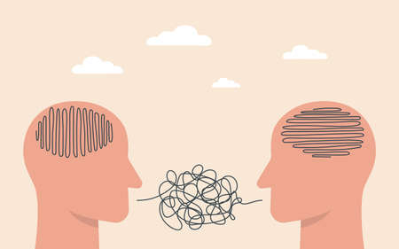 Two heads think differently. Different thinking. Misunderstanding and gossip concept. People talking...