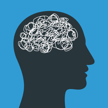 Silhouette of human head with tangled line inside, like brain. Concept of chaotic thought process, confusion, personality disorder and depression. Vector illustration.のイラスト素材