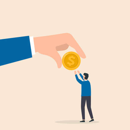 Big hand giving money to young man. Concept of salary, charity and financial help. Bribery,...