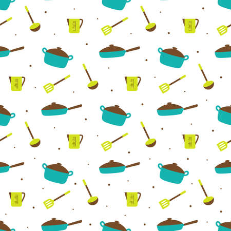 vector illustration of kitchen tools for cooking, colored kitchen seamless pattern isolated on white backgroundのイラスト素材