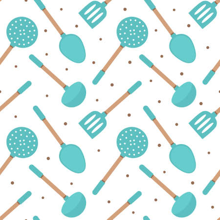 seamless pattern of kitchen utensils, home appliances for cooking, vector illustration with spoons, spatula and ladle isolated on white backgroundのイラスト素材