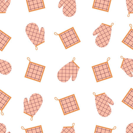 seamless pattern with potholder and mitt on white background, cute kitchen textile, vector illustration in cartoon simple flat styleのイラスト素材