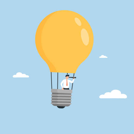 Businessman flying in light bulb balloon. Business idea concept. Vector illustrationのイラスト素材