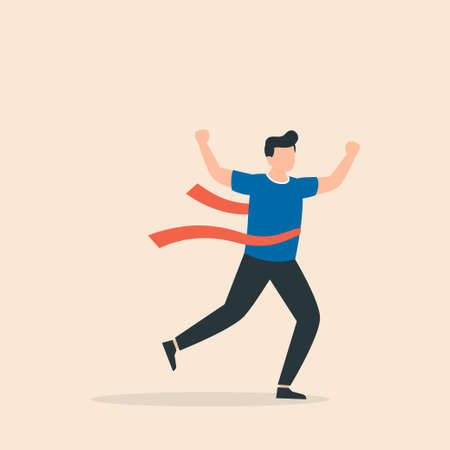 Running businessman crosses a finish line red ribbon, winning a race. Concept of successful businessman in a finishing line. Vector illustration.のイラスト素材